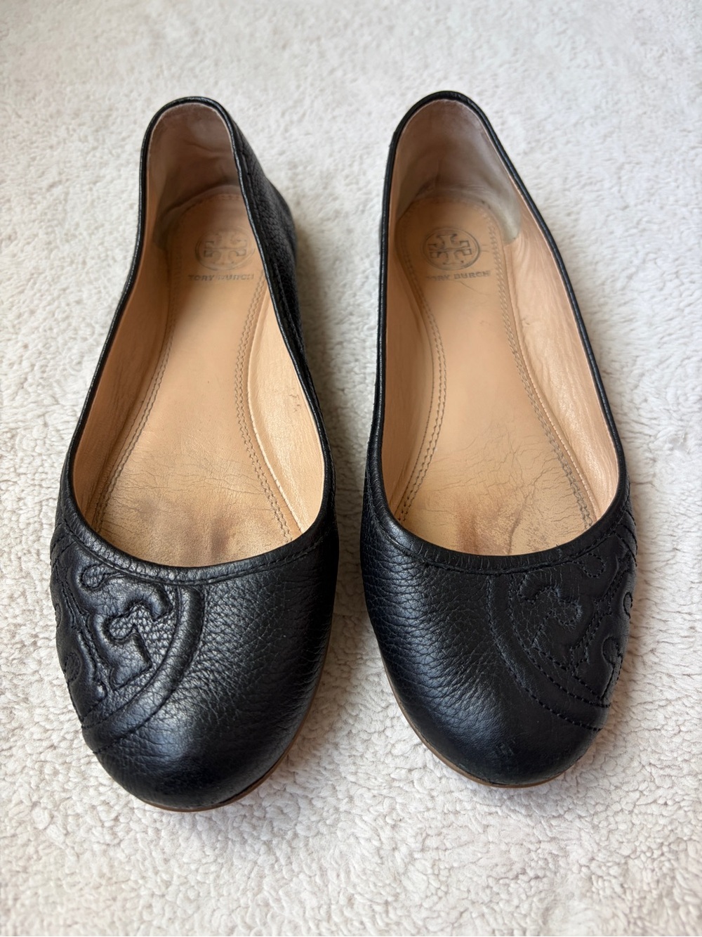 Tory Burch Black Pebbled Leather Logo Ballet Flats Women Size 8